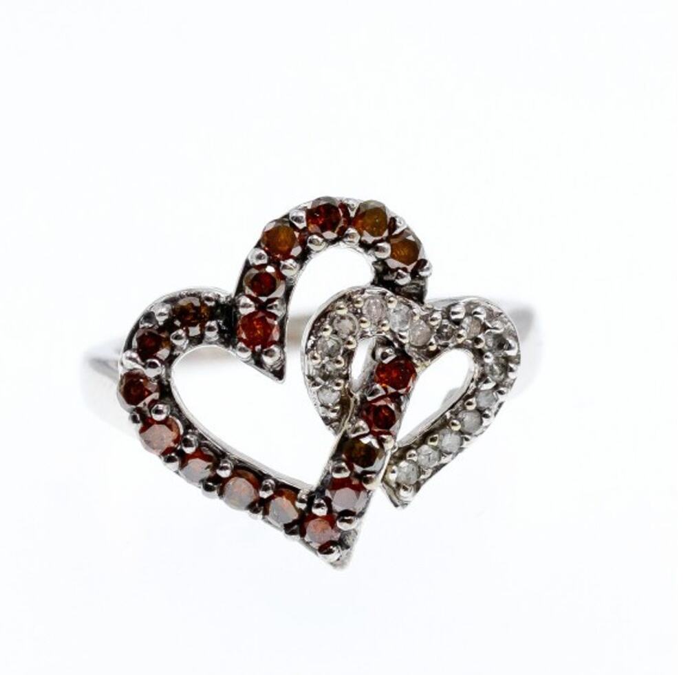 10K White Gold Hessonite & Diamonds "Hearts" Ring Size 7